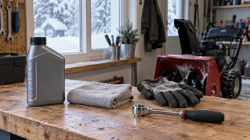 Lukket oljeflaske, hansker og verktøy på en ryddig arbeidsbenk.