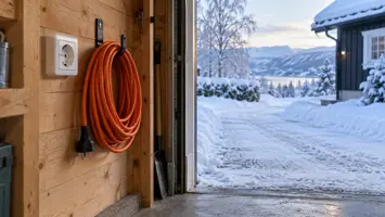 Stikkontakt og kveilet skjøteledning i en garasje ved en snødekt oppkjørsel.