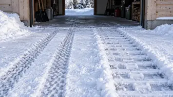 Smale hjulspor og brede beltespor i pakket snø ved en garasje.