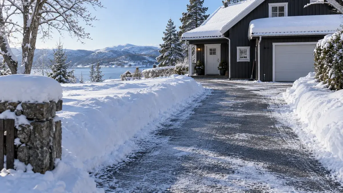 Snødekt oppkjørsel foran et norsk hus med en ryddet stripe gjennom snøen.