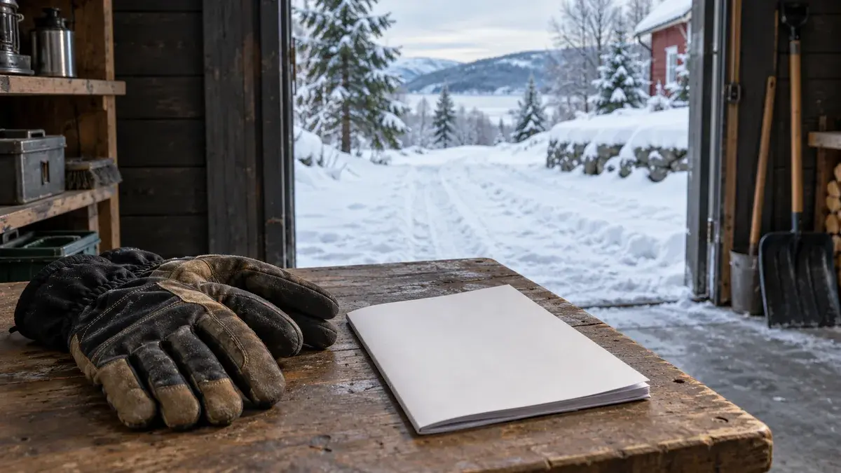 Hansker og en lukket instruksjonsbok i en garasje med utsyn mot vinteren.