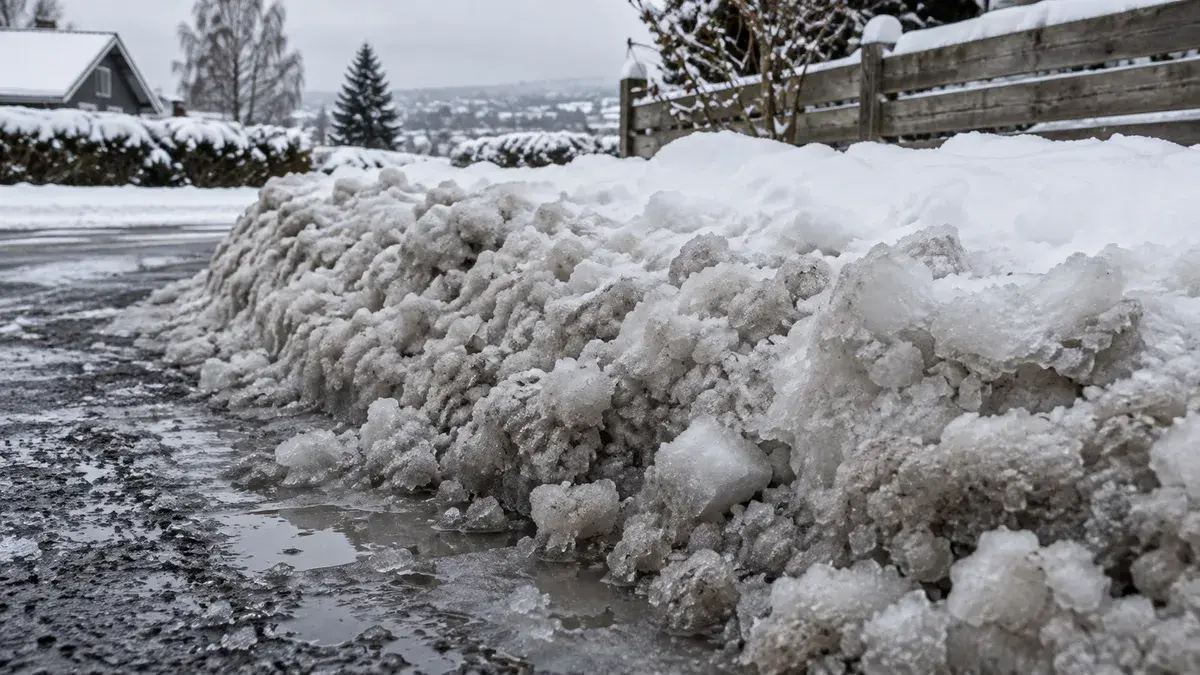 Tung, våt brøytekant ved enden av en snødekt oppkjørsel.