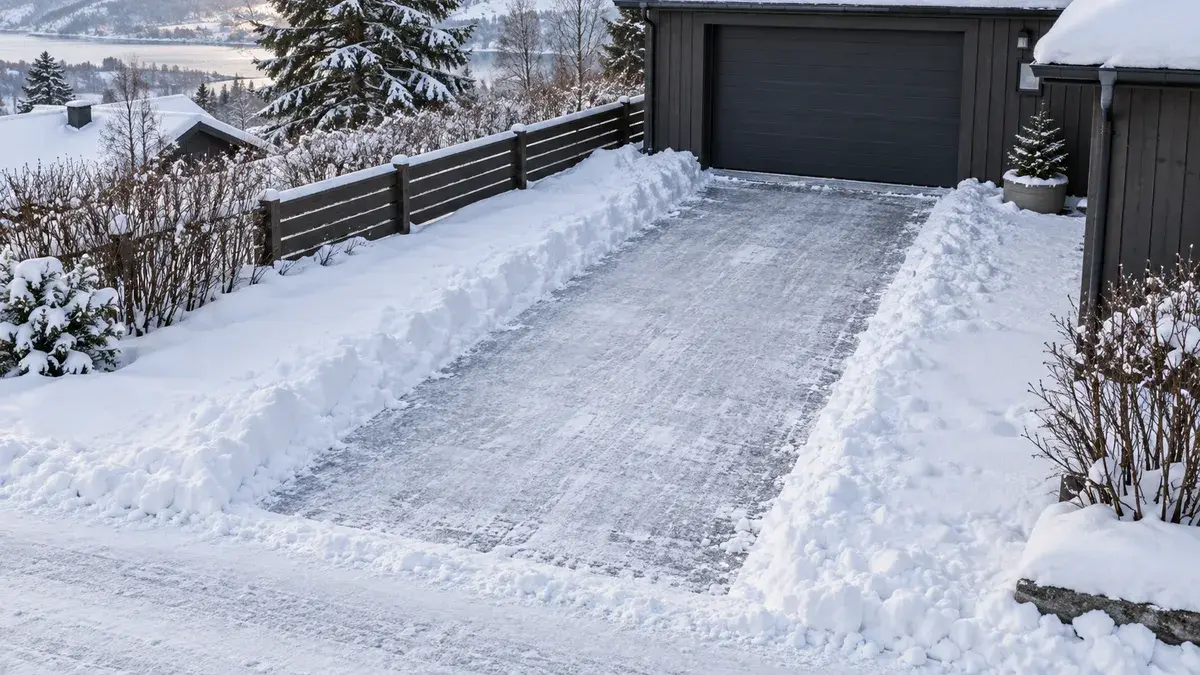 Oppkjørsel sett ovenfra med en ryddet stripe i snøen.