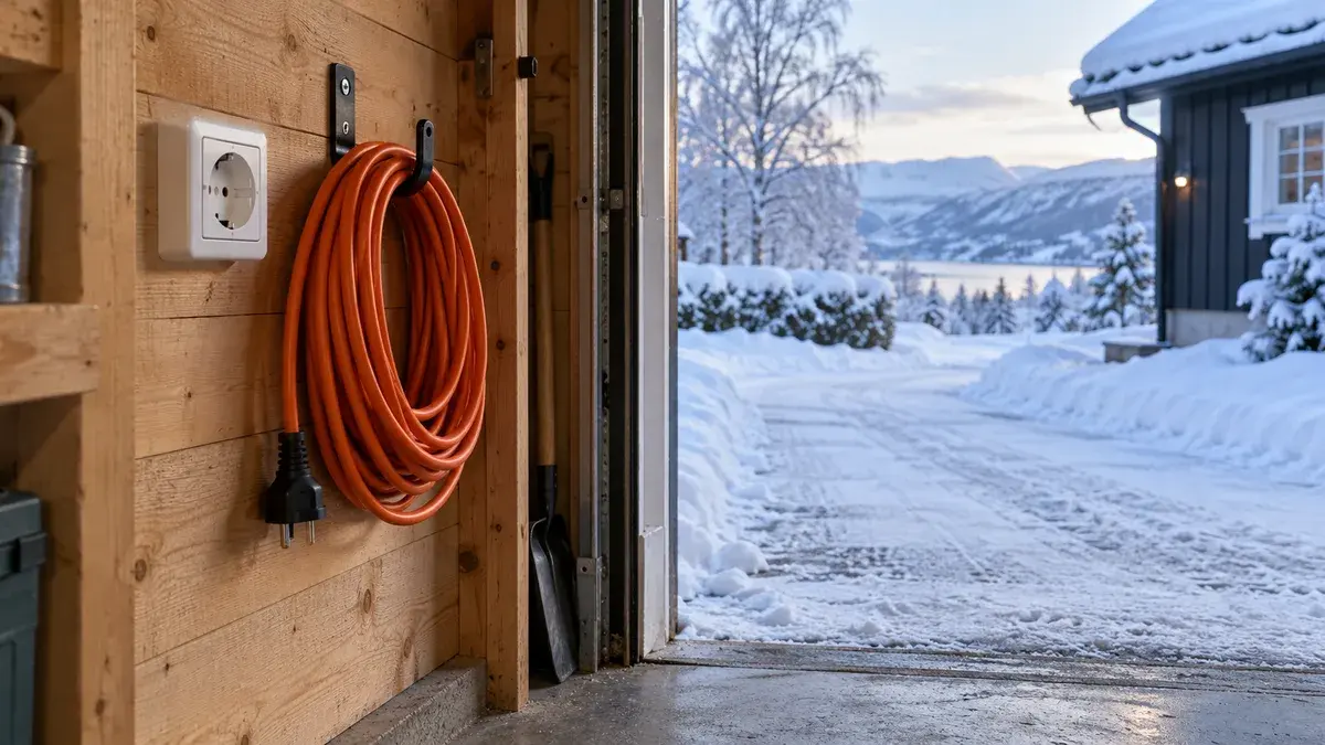 Stikkontakt og kveilet skjøteledning i en garasje ved en snødekt oppkjørsel.