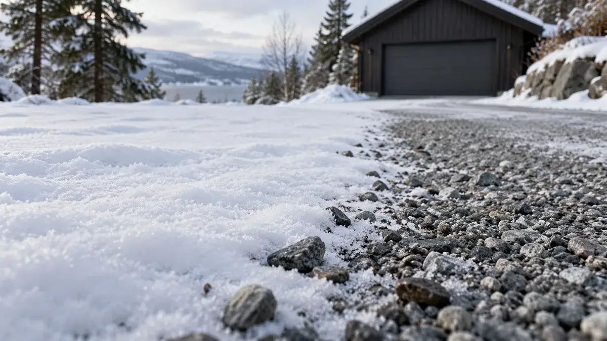 Grus ved kanten av et snødekket gårdsrom.
